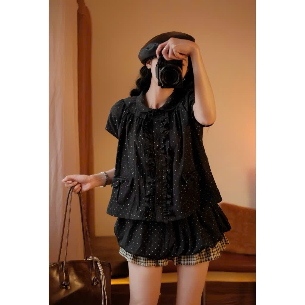 Set Áo Babydoll Chấm Bi Nữ Mix Chân Váy Bí Dáng Xinh, Set Đồ Tiểu Thư Dễ Thương Đi Chơi Đi Dạo Joolate 2050