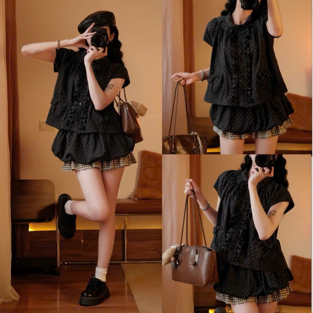 Set Áo Babydoll Chấm Bi Nữ Mix Chân Váy Bí Dáng Xinh, Set Đồ Tiểu Thư Dễ Thương Đi Chơi Đi Dạo Joolate 2050