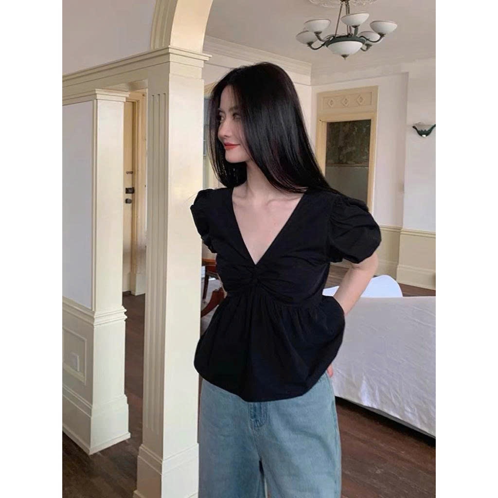 𝗔𝗻𝘁𝗵𝗼 - Áo Linen xoắn ngực tay phồng