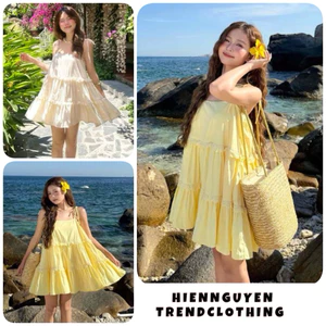 Váy 2 Dây Buộc Nơ Mặc Đi Biển . Đầm Đũi 3 Tầng , Babydoll Bánh Bèo Tiểu Thư Ulzzang