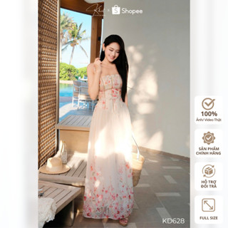 Đầm maxi tơ hồng ngọc hoa nhí corset 2 dây bay bổng Khiết Style KD628