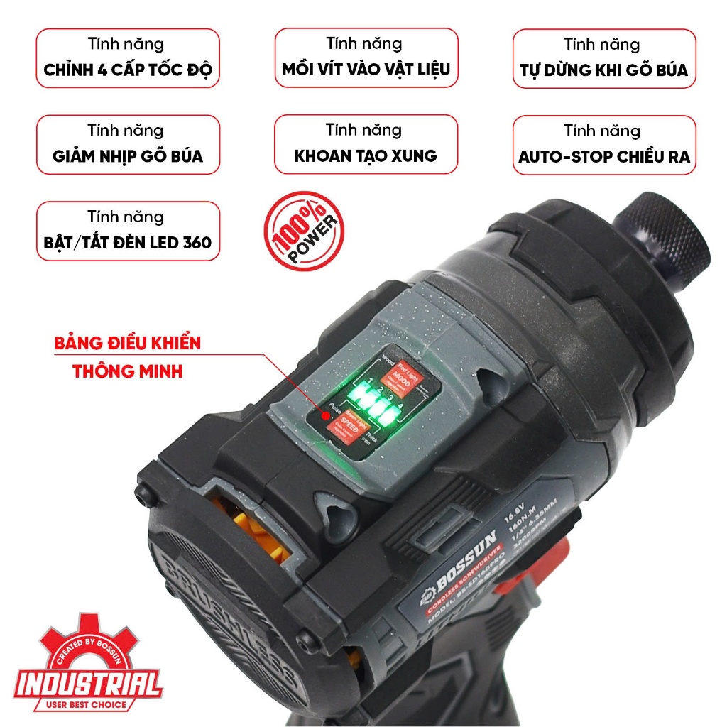 Bộ máy chuyên vít búa BS BOSSUN BS-SD160PRO, Lực siết 160Nm, 4 Cấp chỉnh tốc độ, 5 Chế độ thông minh