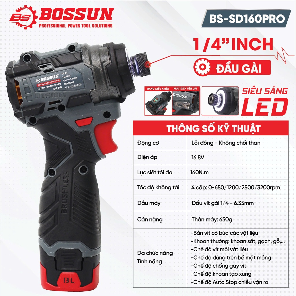 Máy Bắn Vít Pin BOSSUN BS-SD160PRO 21V – Động Cơ Không Chổi Than, Lực Siết 160Nm, 4 Cấp Tốc Độ, Kèm 2 Pin