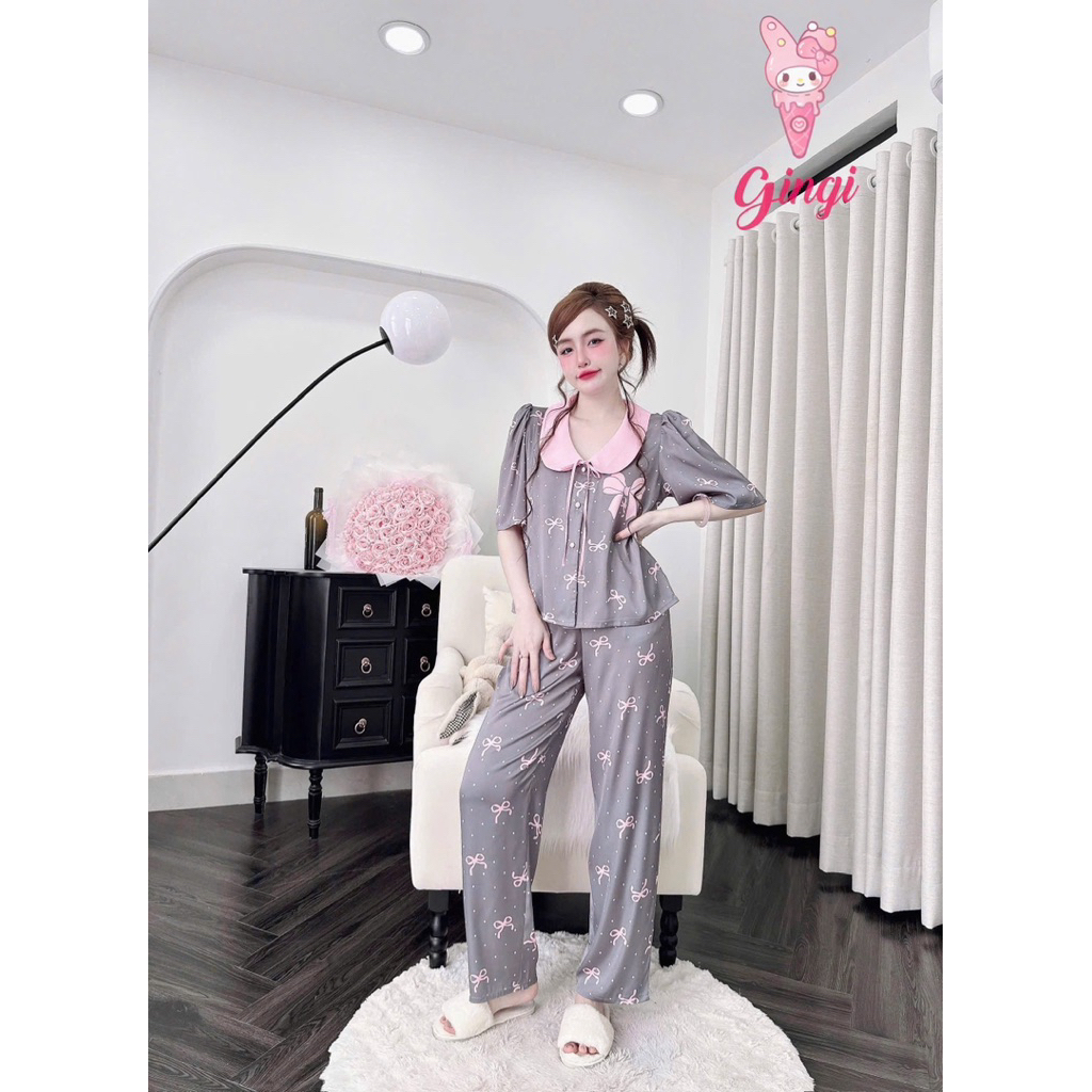 [Size40-60kg TNQD0806242 ]Đồ nữ mặc nhà áo tay ngắn quần dài form croptop phối hoạ tiết xịn sò chất lụa latin