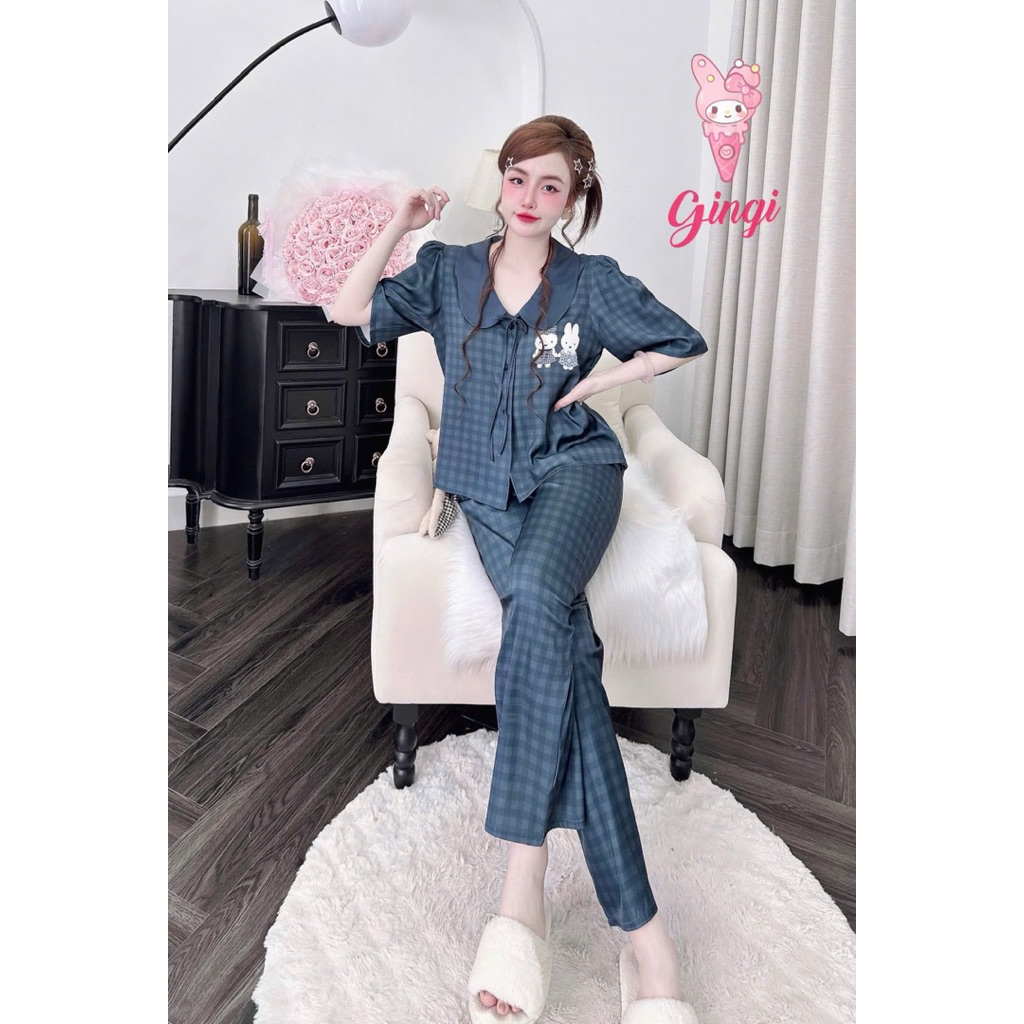 [Size40-60kg TNQD0806242 ]Đồ nữ mặc nhà áo tay ngắn quần dài form croptop phối hoạ tiết xịn sò chất lụa latin