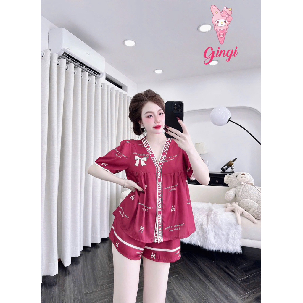 [ Size40-60kg Đồ Ngắn 0907245 ] Đồ nữ mặc nhà áo tay ngắn quần ngắn form cổ Y phối hoạ tiết sang chảnh chất lụa latin