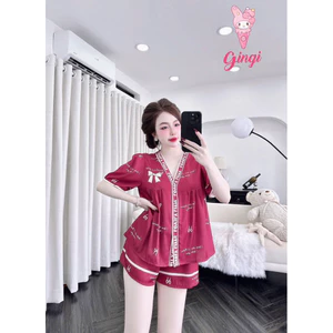 Đồ nữ mặc nhà áo tay ngắn quần ngắn form cổ Y phối hoạ tiết sang chảnh chất lụa latin