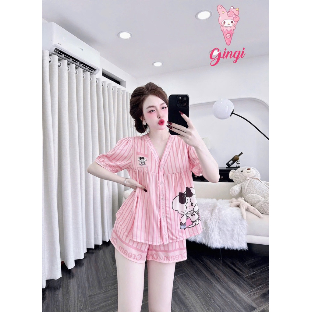 [ Size40-60kg Đồ Ngắn 0907245 ] Đồ nữ mặc nhà áo tay ngắn quần ngắn form cổ Y phối hoạ tiết sang chảnh chất lụa latin