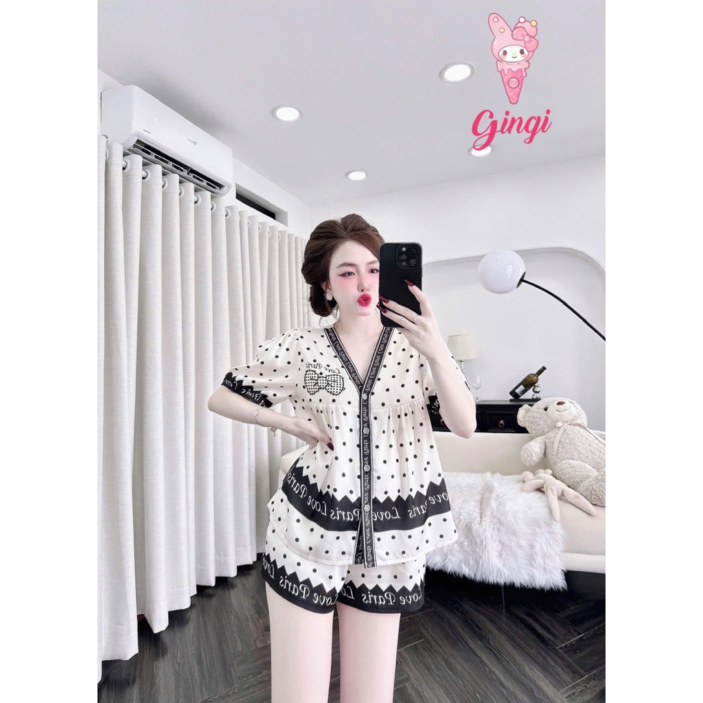 [ Size40-60kg Đồ Ngắn 0907245 ] Đồ nữ mặc nhà áo tay ngắn quần ngắn form cổ Y phối hoạ tiết sang chảnh chất lụa latin