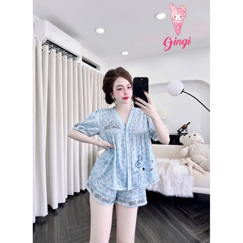 [ Size40-60kg Đồ Ngắn 0907245 ] Đồ nữ mặc nhà áo tay ngắn quần ngắn form cổ Y phối hoạ tiết sang chảnh chất lụa latin