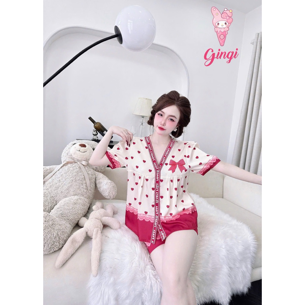 [ Size40-60kg Đồ Ngắn 0907245 ] Đồ nữ mặc nhà áo tay ngắn quần ngắn form cổ Y phối hoạ tiết sang chảnh chất lụa latin