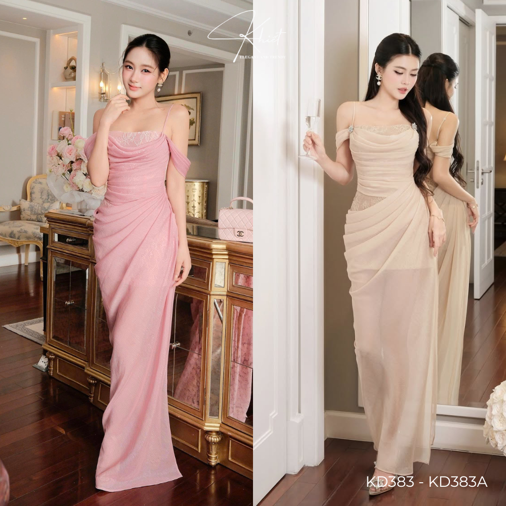Đầm tiệc KHIẾT ren kim sa đính đá phủ lớp tơ châu sa rũ mềm quý phái KD383 KD383A