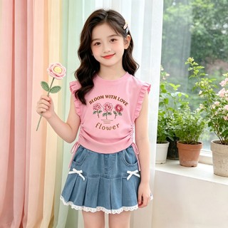 Áo bé gái họa tiết hoa dễ thương, thiết kế rút eo dây rút.Vải mềm thoáng mát,phong cách ngọt ngào,phù hợp bé gái 15-40kg