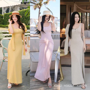 Set đầm thun len dài hồng pastel phối kèm khăn choàng rời phóng trẻ trung năng động KS622 KS622A KS622B