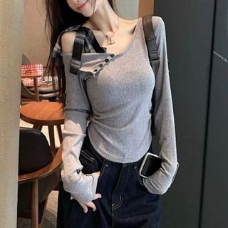 Áo thun nữ trễ vai tay dài ôm body xám kiểu hàn xinh VANISA CT401