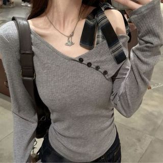 Áo thun nữ trễ vai tay dài ôm body xám kiểu hàn xinh VANISA CT401