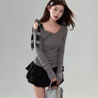 Áo thun nữ trễ vai tay dài ôm body xám kiểu hàn xinh VANISA CT401