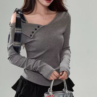 Áo thun nữ trễ vai tay dài ôm body xám kiểu hàn xinh VANISA CT401