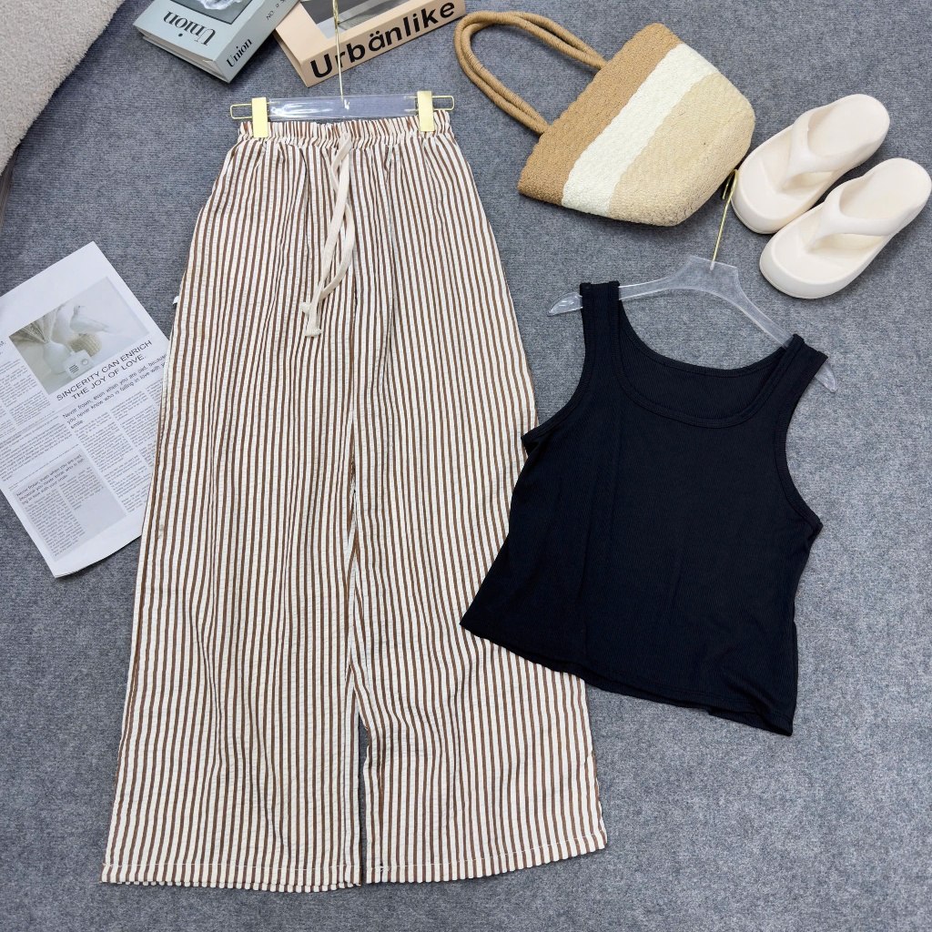 Set đồ bigsize nữ quần ống rộng sọc + áo tank top đen form rộng, mặc mát mùa hè 50-95kg G245+Q534