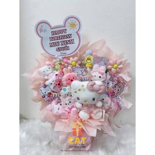Set quà sinh nhật mèo dễ thương phong cách Hello Kitty kèm gấu bông + bánh kẹo trang trí, lẵng bánh kẹo màu hồng