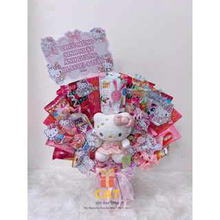 Set quà sinh nhật mèo dễ thương phong cách Hello Kitty kèm gấu bông + bánh kẹo trang trí, lẵng bánh kẹo màu hồng