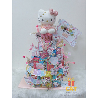 Set quà sinh nhật mèo dễ thương phong cách Hello Kitty kèm gấu bông + bánh kẹo trang trí, lẵng bánh kẹo màu hồng