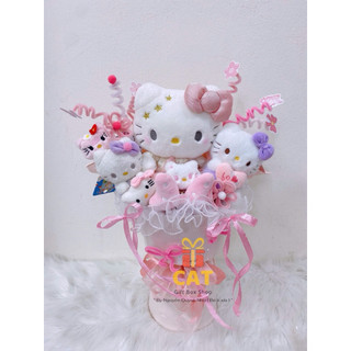 Set quà sinh nhật mèo dễ thương phong cách Hello Kitty kèm gấu bông + bánh kẹo trang trí, lẵng bánh kẹo màu hồng