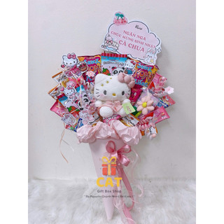Set quà sinh nhật mèo dễ thương phong cách Hello Kitty kèm gấu bông + bánh kẹo trang trí, lẵng bánh kẹo màu hồng
