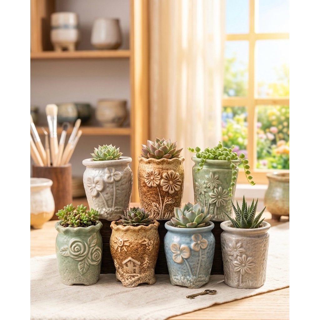 Chậu gốm sứ trồng sen đá, chậu cây để bàn, chậu mini vintage decor