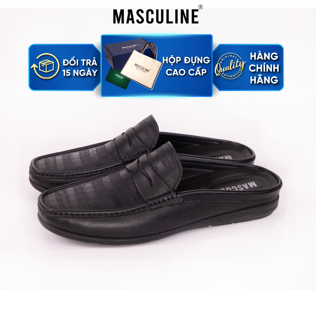 Giày Sabo nam MASCULINE GSB606 Da bò đế PU chống trượt vân Caro dập nổi đai ngang trơn bản to