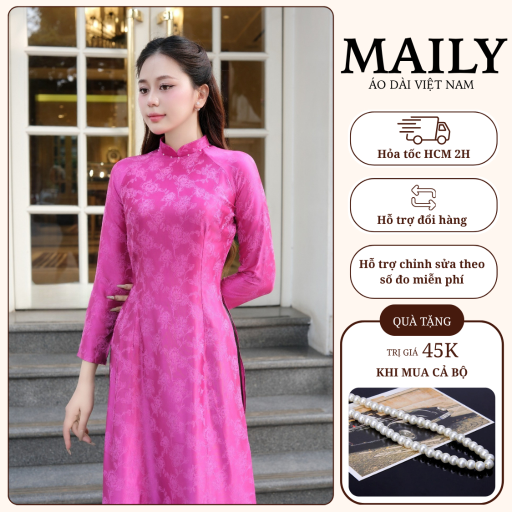 Áo Dài Mộc Cẩm Form Truyền Thống, Chất Gấm Mềm Mại Thiết Kế Cổ Cao Tay Dài Nữ Tính - ÁO DÀI MAILY