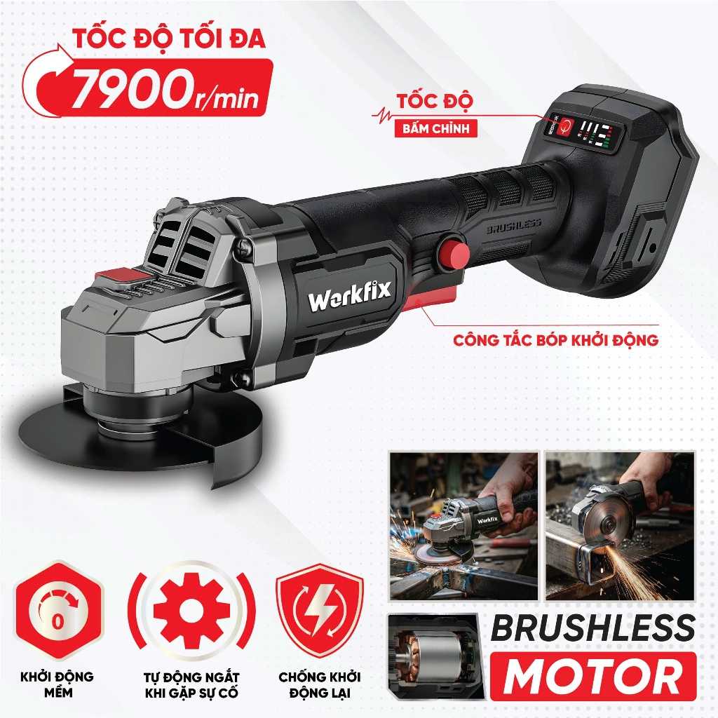 Thân máy cắt mài góc dùng pin WORKFIX WF-AG7900CP, 3 Tốc độ - Chống sốc đá - Chống khởi động lại