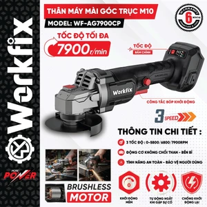 Thân máy cắt mài góc dùng pin WORKFIX WF-AG7900CP, 3 Tốc độ - Chống sốc đá - Chống khởi động lại