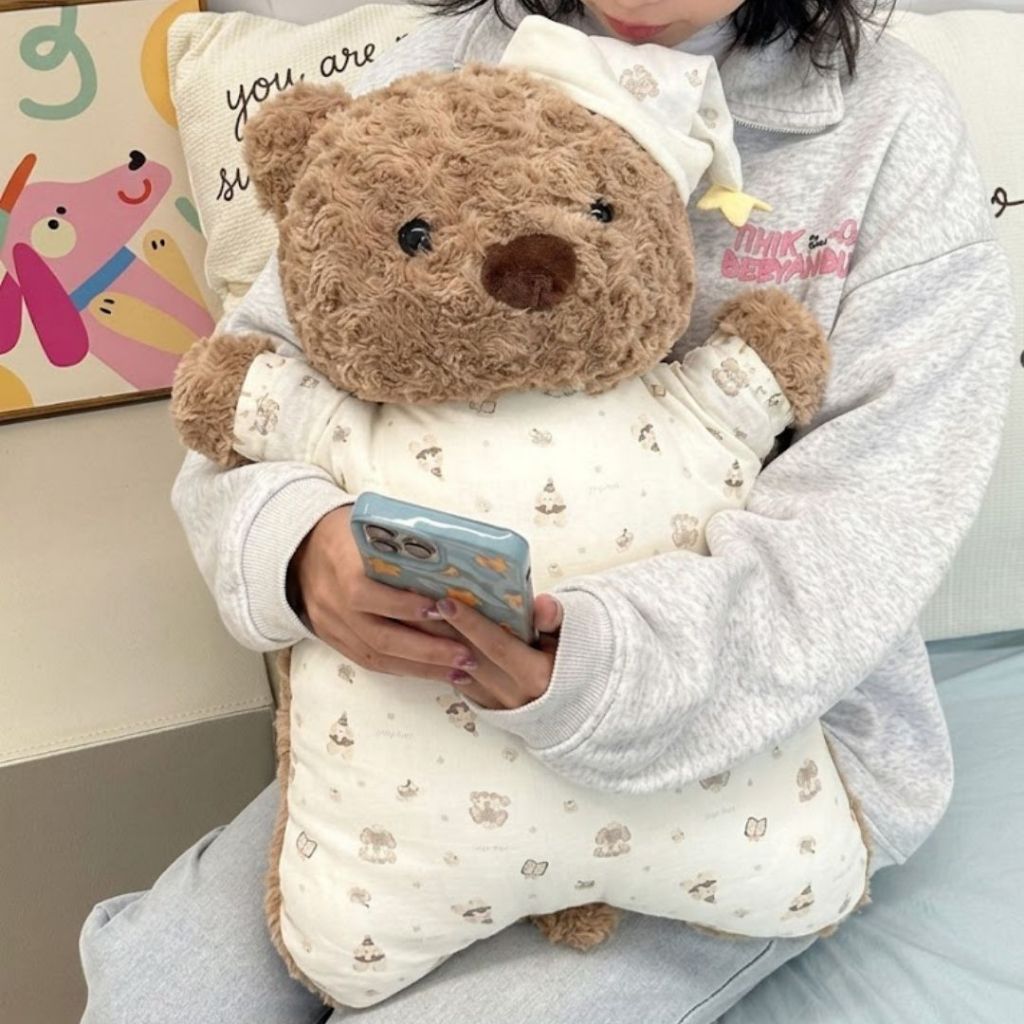 Gối Ôm Gấu Bông Hình Teddy Lông Xù Mềm Mại, Gối Tựa Lưng Văn Phòng Gấu Bông Vải Đàn Hổi,Thoáng Khí