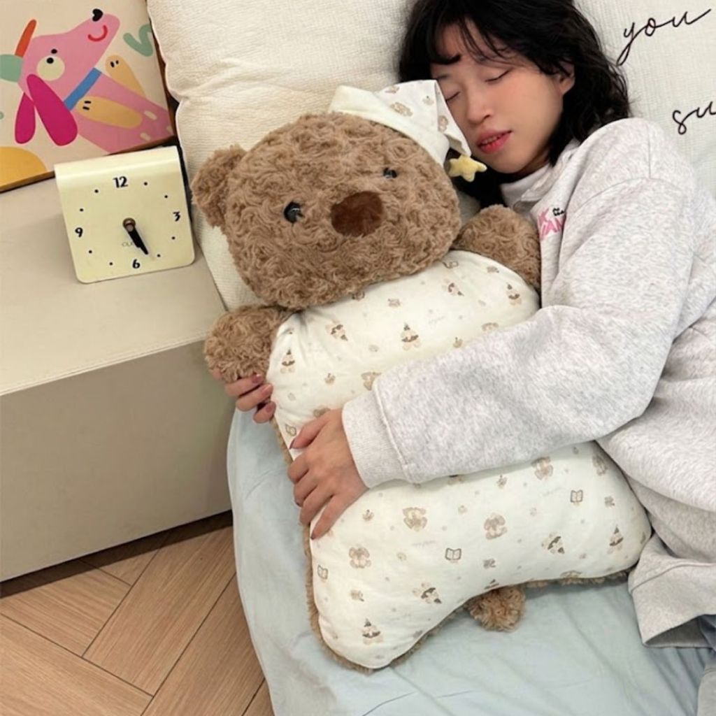 Gối Ôm Gấu Bông Hình Teddy Lông Xù Mềm Mại, Gối Tựa Lưng Văn Phòng Gấu Bông Vải Đàn Hổi,Thoáng Khí