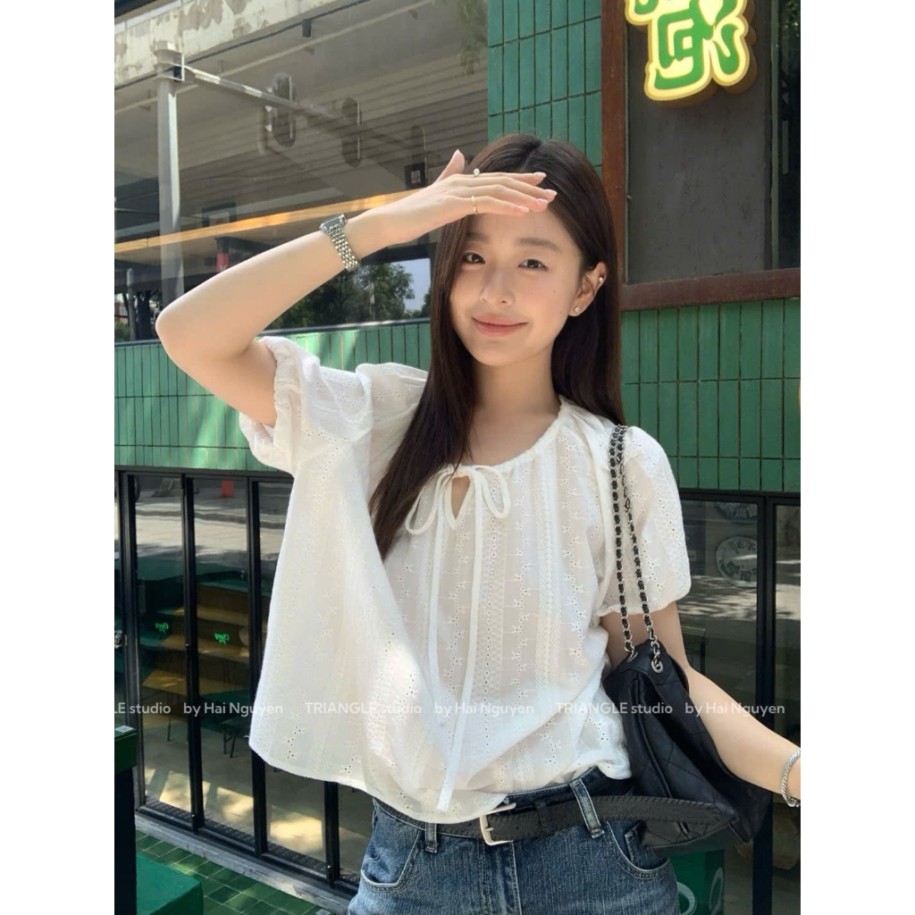 TRIANGLE - Lucky Shirt (Cân nhắc kỹ, áo trắng không hoàn) - Áo kiểu sơ mi style Hàn chất vải boi thêu cao câp chuẩn QC