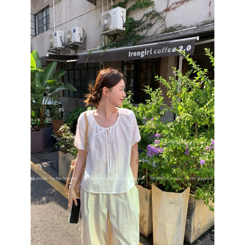 TRIANGLE - Lucky Shirt (Cân nhắc kỹ, áo trắng không hoàn) - Áo kiểu sơ mi style Hàn chất vải boi thêu cao câp chuẩn QC