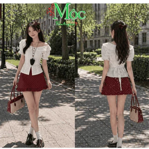 MKL_ Set váy ngắn, set trễ vai bèo ren Thô Thêu phối chân váy mini chấm bi dễ thương thanh lịch