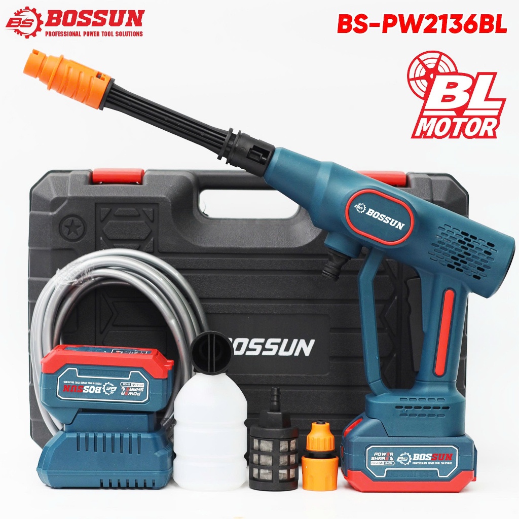 Máy rửa xe pin BS BOSSUN BS-PW2136BL, Áp lực 24bar 9L/P, Động cơ không chổi than - Màn Led hiển thị