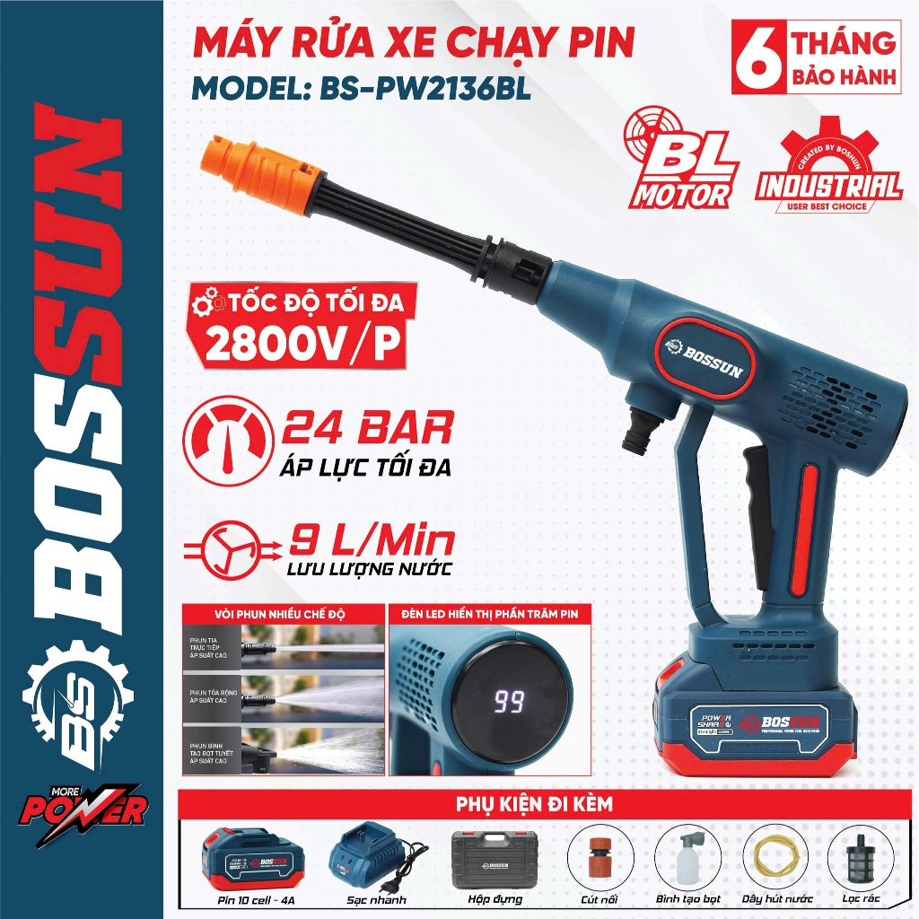 Máy rửa xe pin BS BOSSUN BS-PW2136BL, Áp lực 24bar 9L/P, Động cơ không chổi than - Màn Led hiển thị