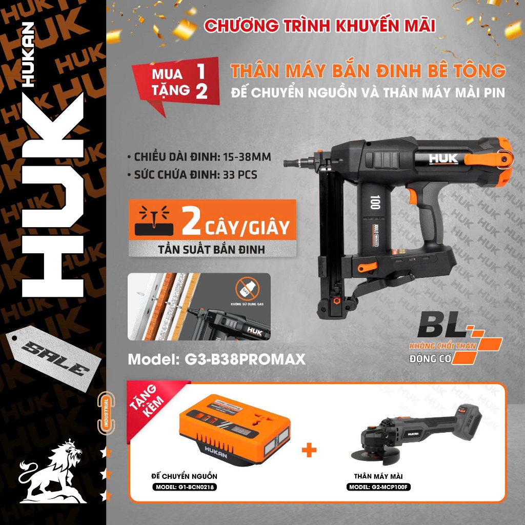 Thân Súng Bắn Đinh Pin 21V HUKAN G3-B38PROMAX Gen3 | 100J | Động Cơ Không Chổi Than | Bắn Đinh 15–38mm