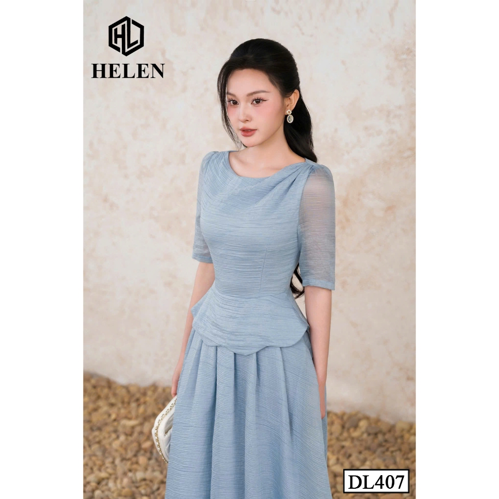 Đầm liền thân công sở HELEN thiết kế dáng xòe peplum xanh cổ thuyền nhún vai DL407