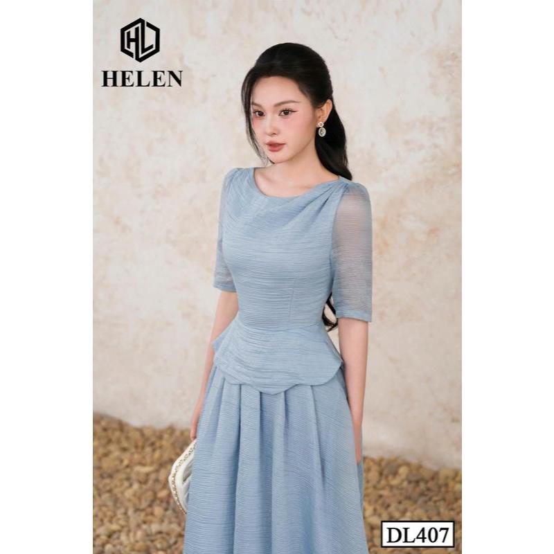 Đầm liền thân công sở HELEN thiết kế dáng xòe peplum xanh cổ thuyền nhún vai DL407