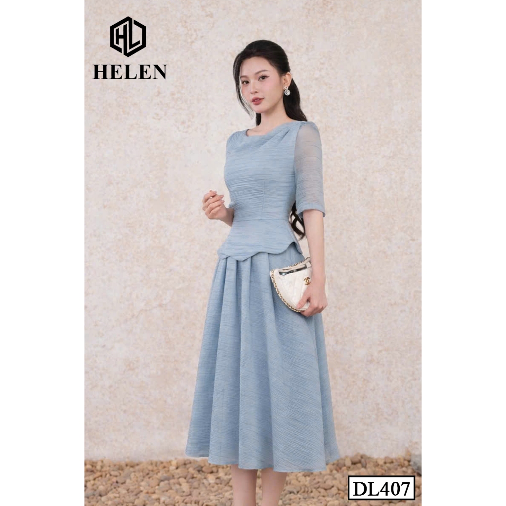 Đầm liền thân công sở HELEN thiết kế dáng xòe peplum xanh cổ thuyền nhún vai DL407