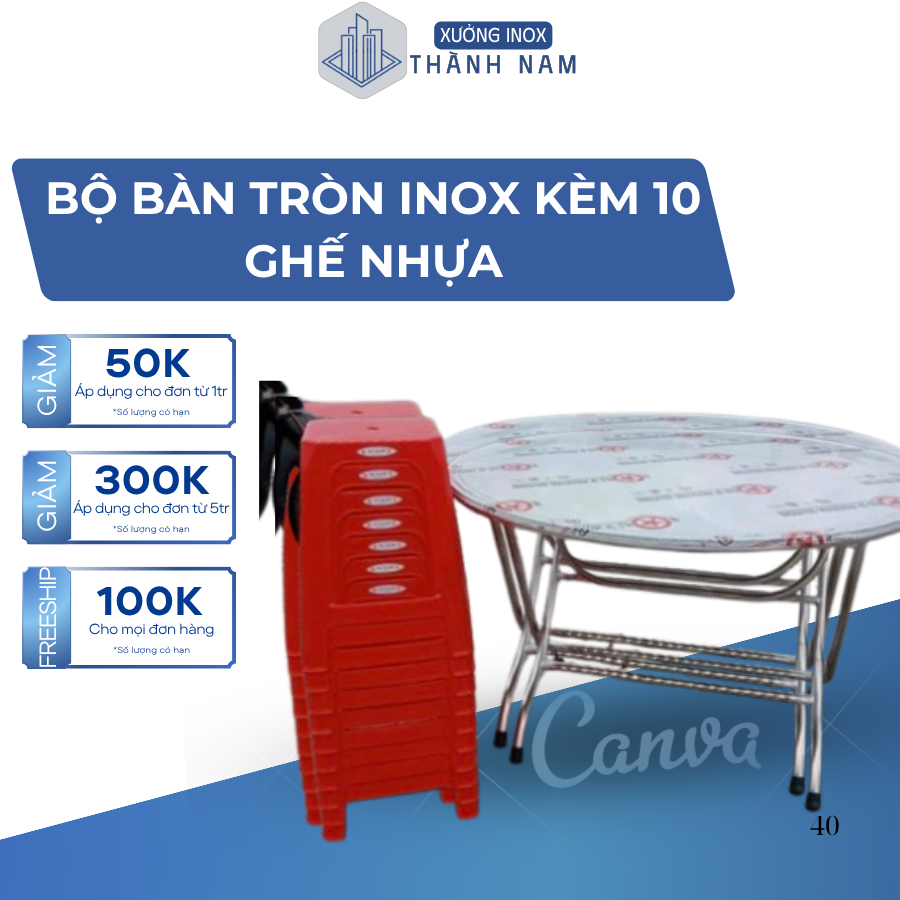 Bàn tròn inox 100% xếp gọn chất liệu inox