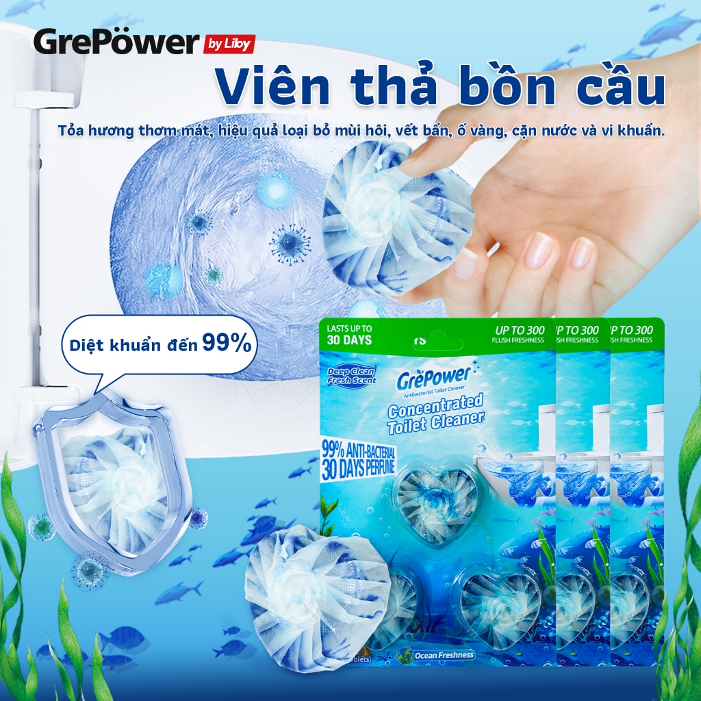 Viên thả bồn cầu GrePöwer 3 viên - Khử khuẩn, tẩy sạch vết bẩn, lưu hương 30 ngày