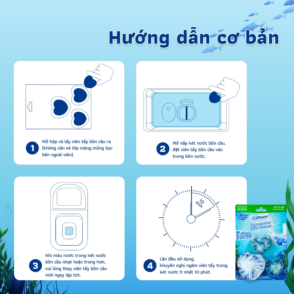 Viên thả bồn cầu GrePöwer 3 viên - Khử khuẩn, tẩy sạch vết bẩn, lưu hương 30 ngày
