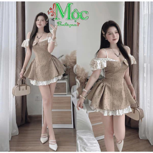 Đầm đi tiệc thiết kế chất Mango, váy tiểu thư trễ vai chấm bị tay bèo nhún, váy đi tiệc hai dây