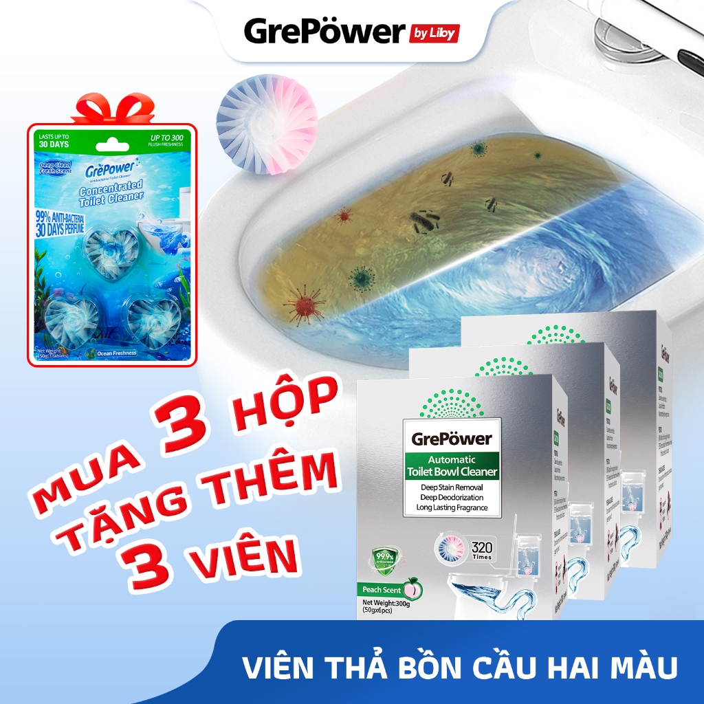 Viên Thả Bồn Cầu Hai Màu Grepower By Liby | Khử mùi hôi,1 viên xả lên tới 320 lần, diệt khuẩn tới 99.9%, hương đào