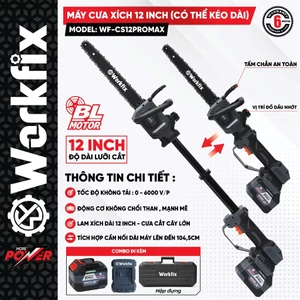 Máy cưa xích dùng pin WORKFIX WF-CS12PROMAX, Lam xích 12inch, Có cần nối dài 60cm, Chân phổ thông